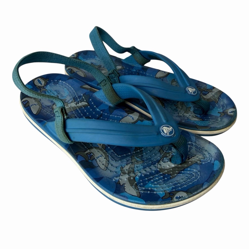 Kids Boy's Crocband Shark Heel Strap Flip Flop Sandal 206429 Blue White Size C10